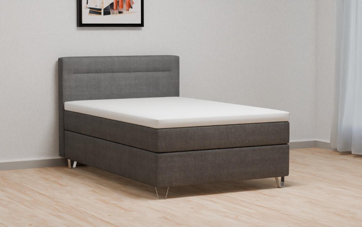 3D render of a grey upholstered bed in a room