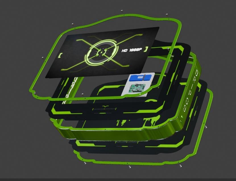 Exploded 3D view of a green and black device enclosure