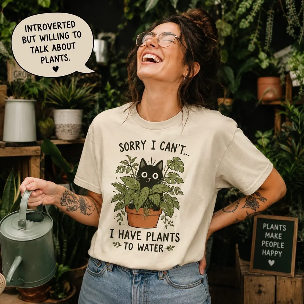 Model laughing in a plant shop wearing a cat-in-a-plant-pot graphic tee